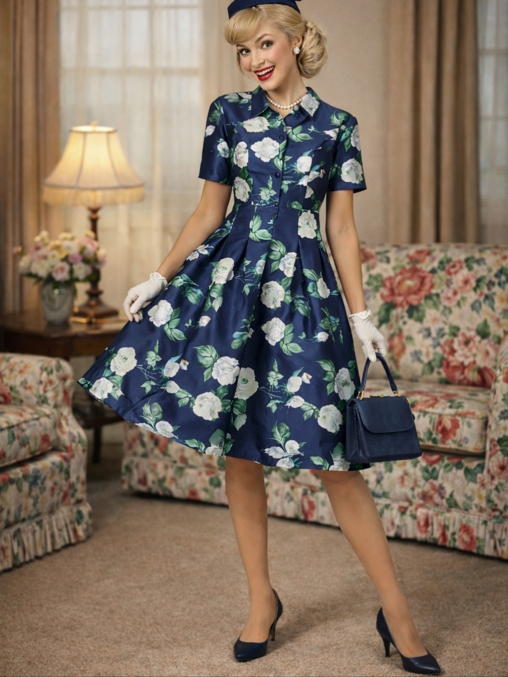 Chi Chi London Navy Floral Fit/Flare Dress US 6 Vintage 50s Style Wedding Party
